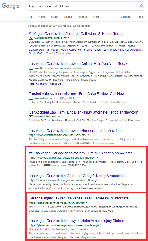 Google search query for "Las Vegas car accident lawyer".