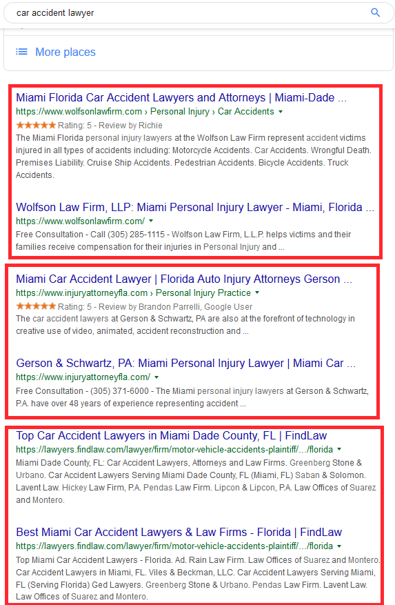 Search results generated from “Car Accident Lawyer” in Miami, Florida