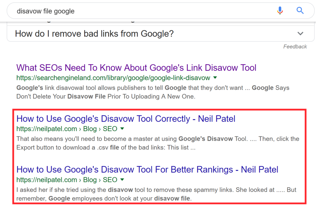 Consecutive Google results for "disavow file google"